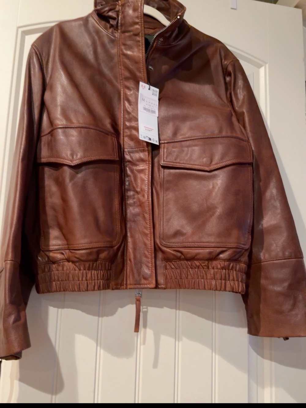 Zara Brown Leather Bomber Jacket